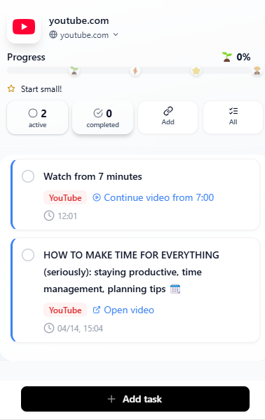 Example of tasks from YouTube in the extension