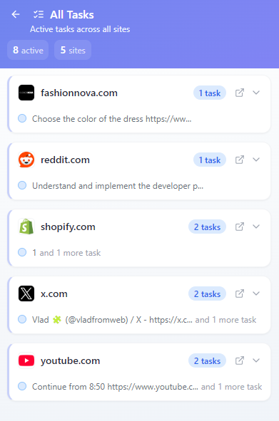 All tasks view from different sites in the extension