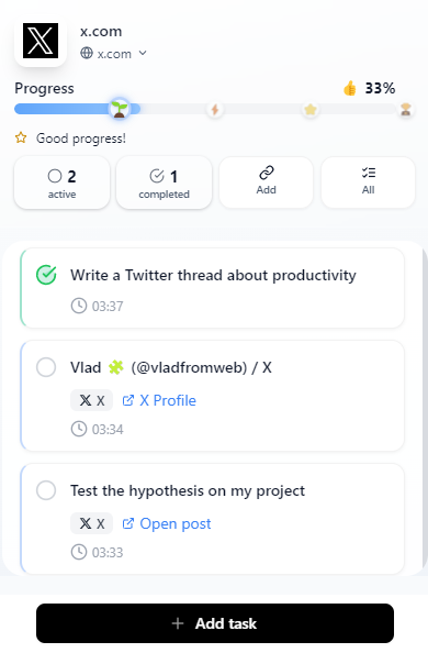 Example of tasks from X.com in the extension